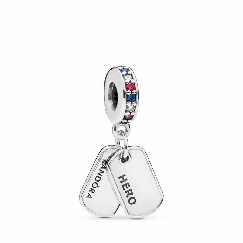 Pandora Hero Dog Tag Dangle Charm Ireland - Sterling Silver/Blue/Mixed Stones - 461259CJK